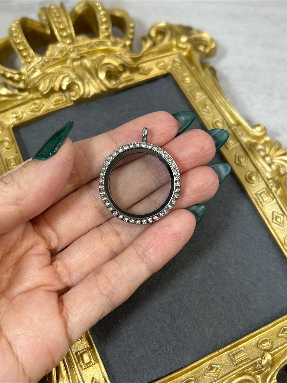 Crystal Accent Round Floating Locket Pendant - Silver